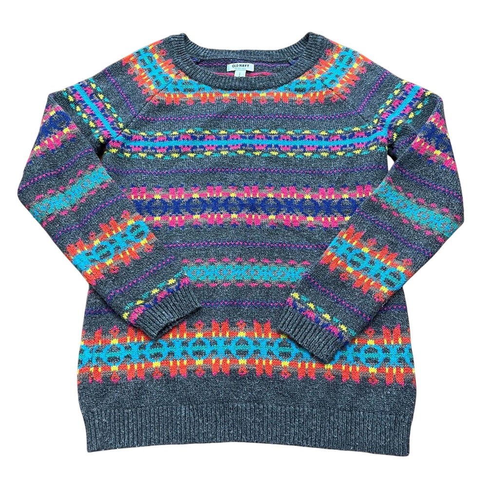 Old Navy Heather Charcoal Fair Isle Sweater S Neon Knit Raglan Pullover